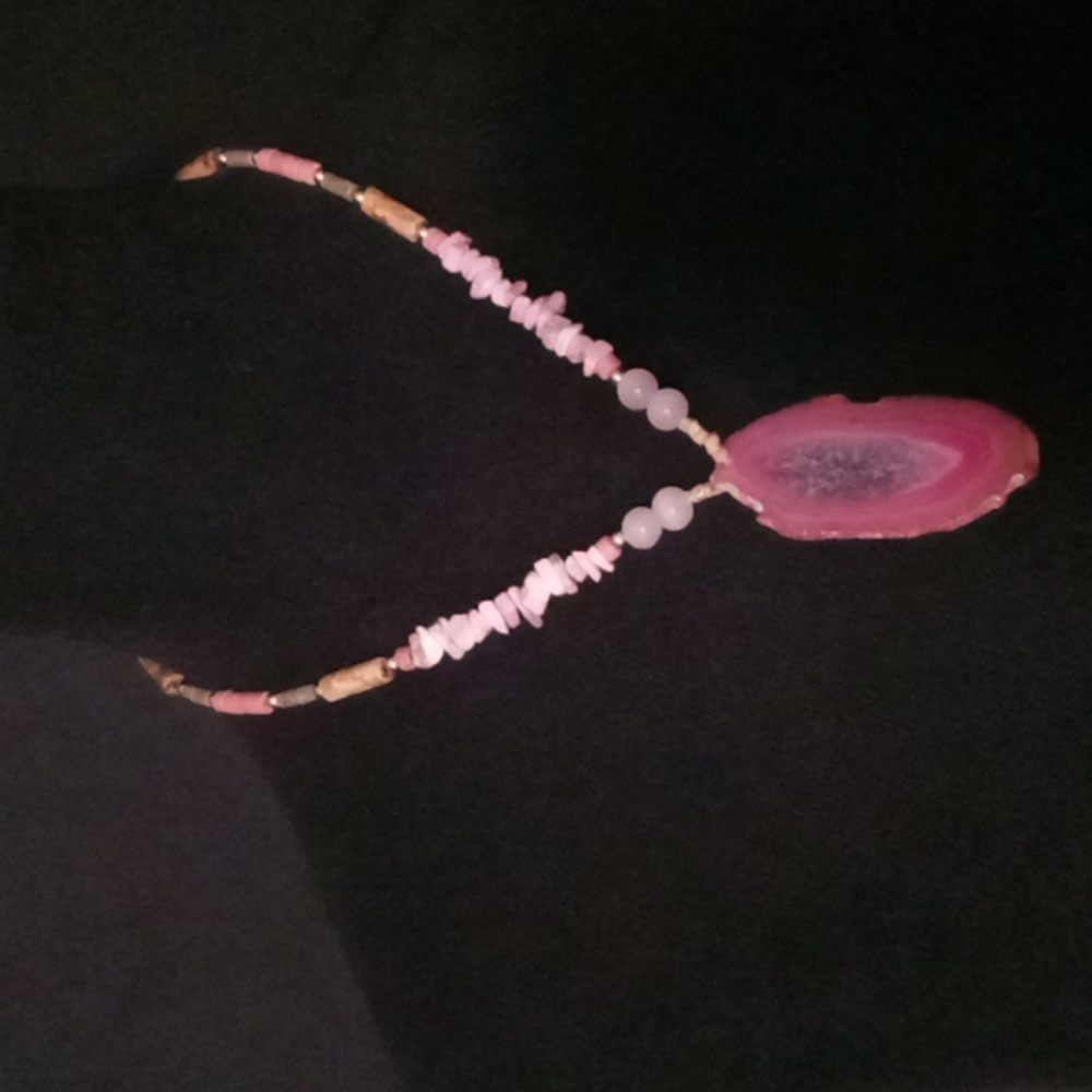 Natural Pink Stone and Little Rock Bead Necklace